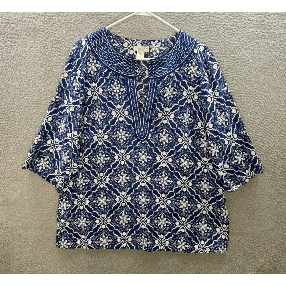 Tweeds Shirt Womens 1X Blue White Geometric Embroidered Linen Blend Coastal
